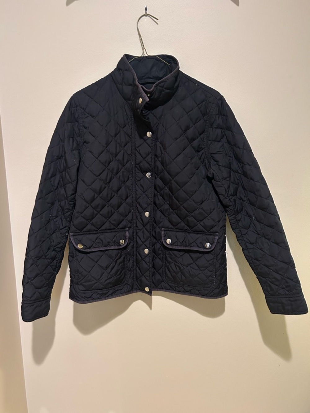 J. Crew Quilted Black Button-Front Down Jacket W/ Pockets & Gold Buttons Size M